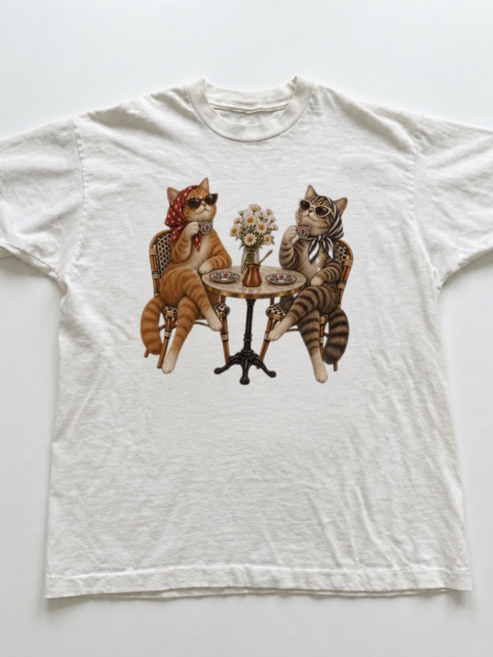 White Tee with Chic Bistro Cats Graphic